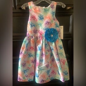 Petite Floral Watercolor Sleeveless Dress with Blue Flower Accent